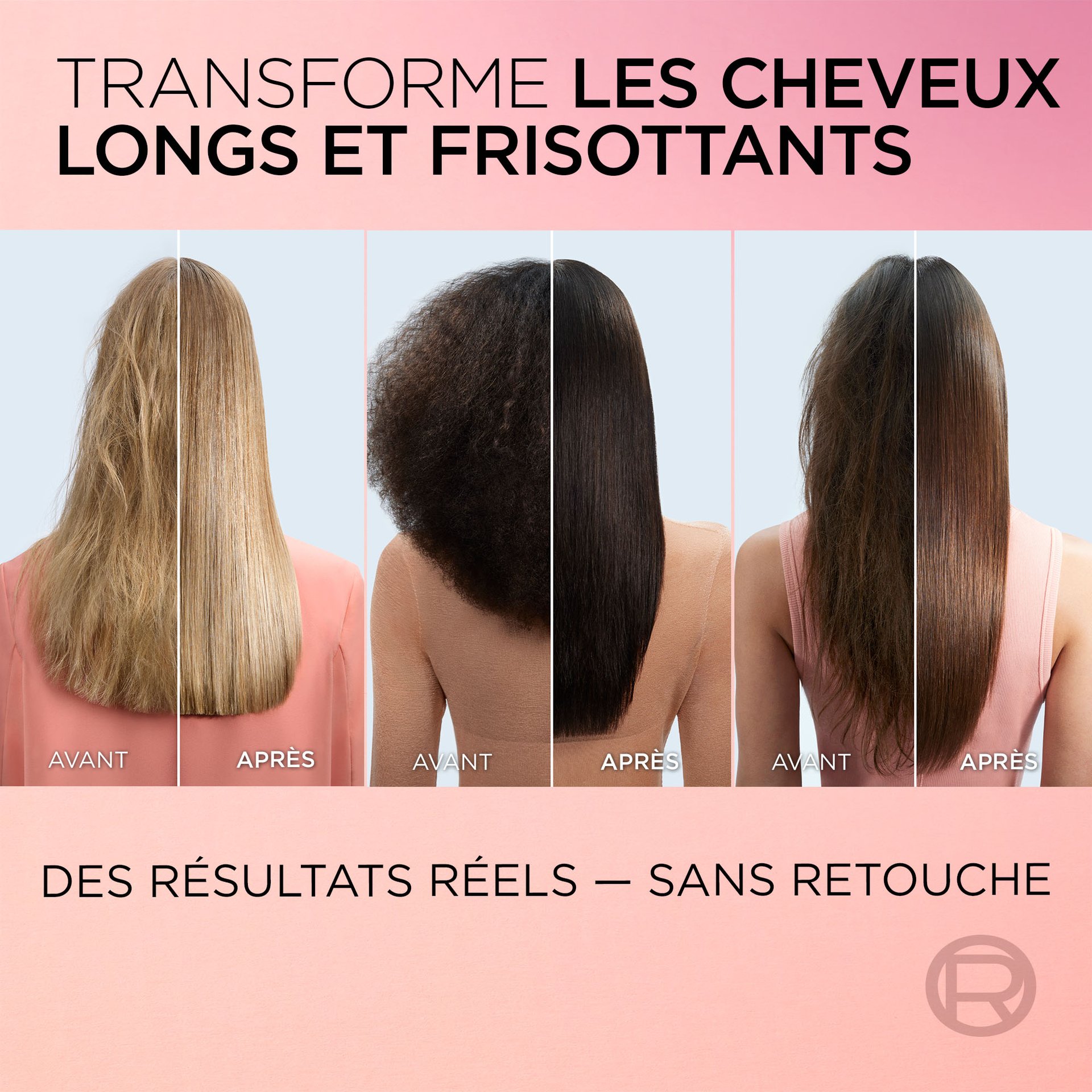3 têtes de femmes de derrière avant et après l'utilisation du revitalisatn Dream length sleek avec des cheveux long et sans frisottis